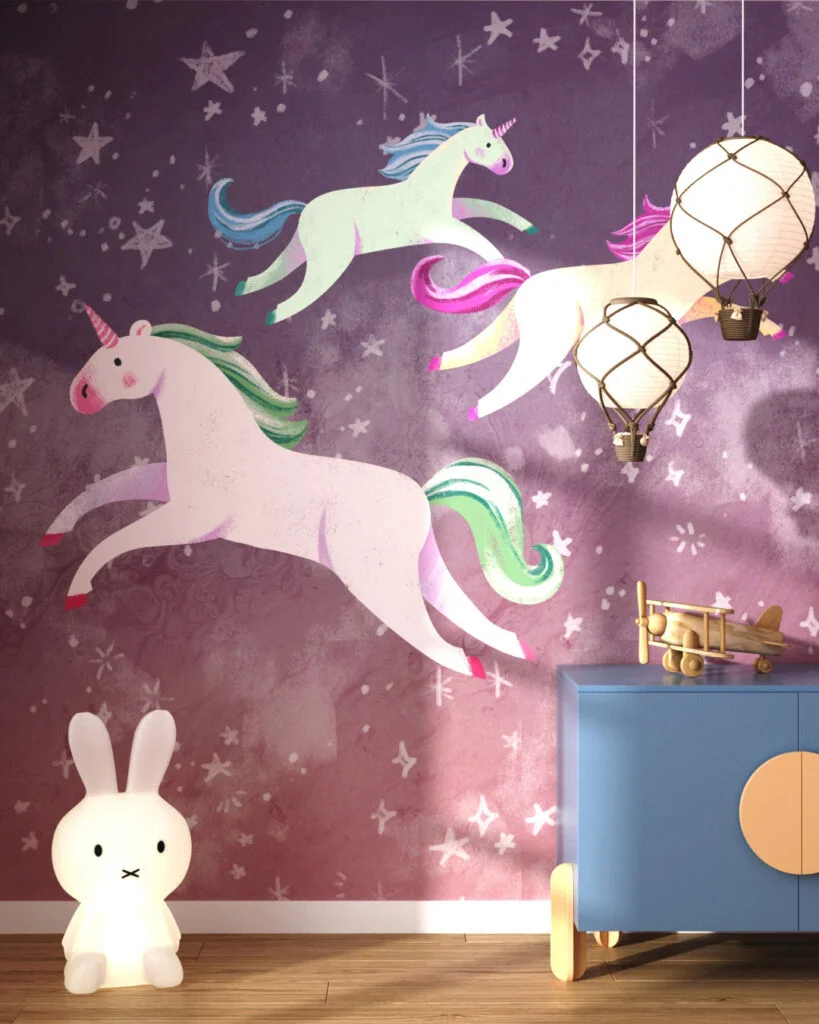Wall Mural Monoceros for a children's room - kith2kin.com Colorful unicorns with stars wall mural for a children's room