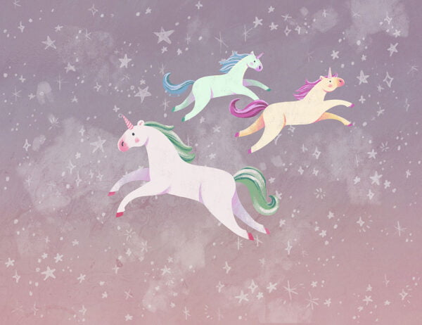 Kids wall mural with colorful unicorns and stars on a purple sky