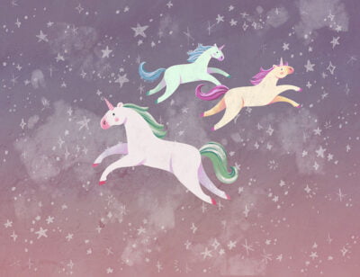 Colorful unicorns with stars on a violet sky wall mural