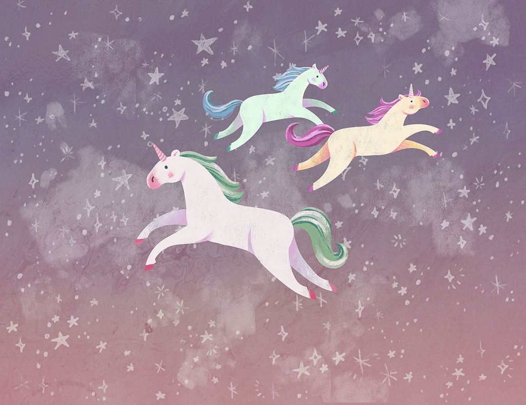 Colorful unicorns with stars on a violet sky wall mural