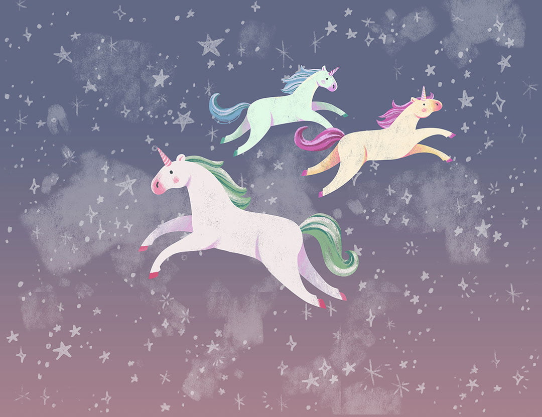 Kids wall mural with colorful unicorns and stars on a blue sky