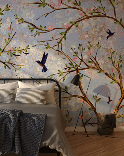 Apple tree branches and birds wall mural for the bedroom