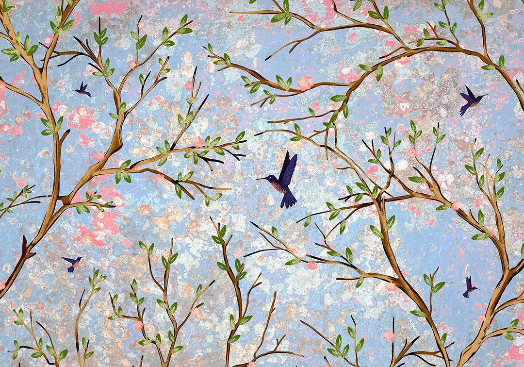 Nature wall mural with apple tree branches and birds