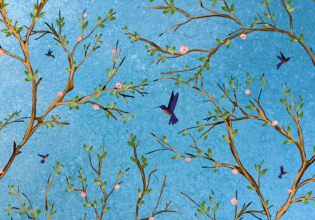 Nature wall mural with apple tree branches and birds on the blue sky