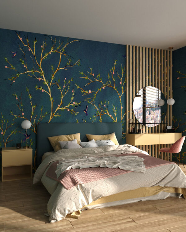 Golden tree branches and hummingbirds wall mural for the bedroom