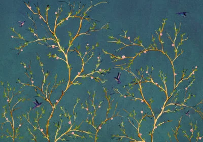 Nature wall mural with golden tree branches and hummingbirds