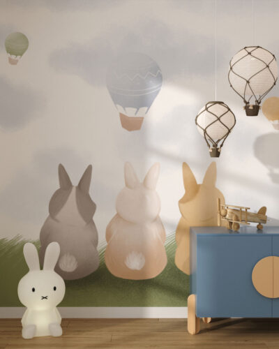 Three rabbits and air balloons wall mural for a children's room