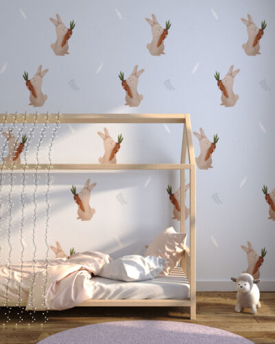 Rabbits with carrots patterned wallpaper for a children's room