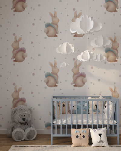 Rabbits in tutus patterned wallpaper for a children's room