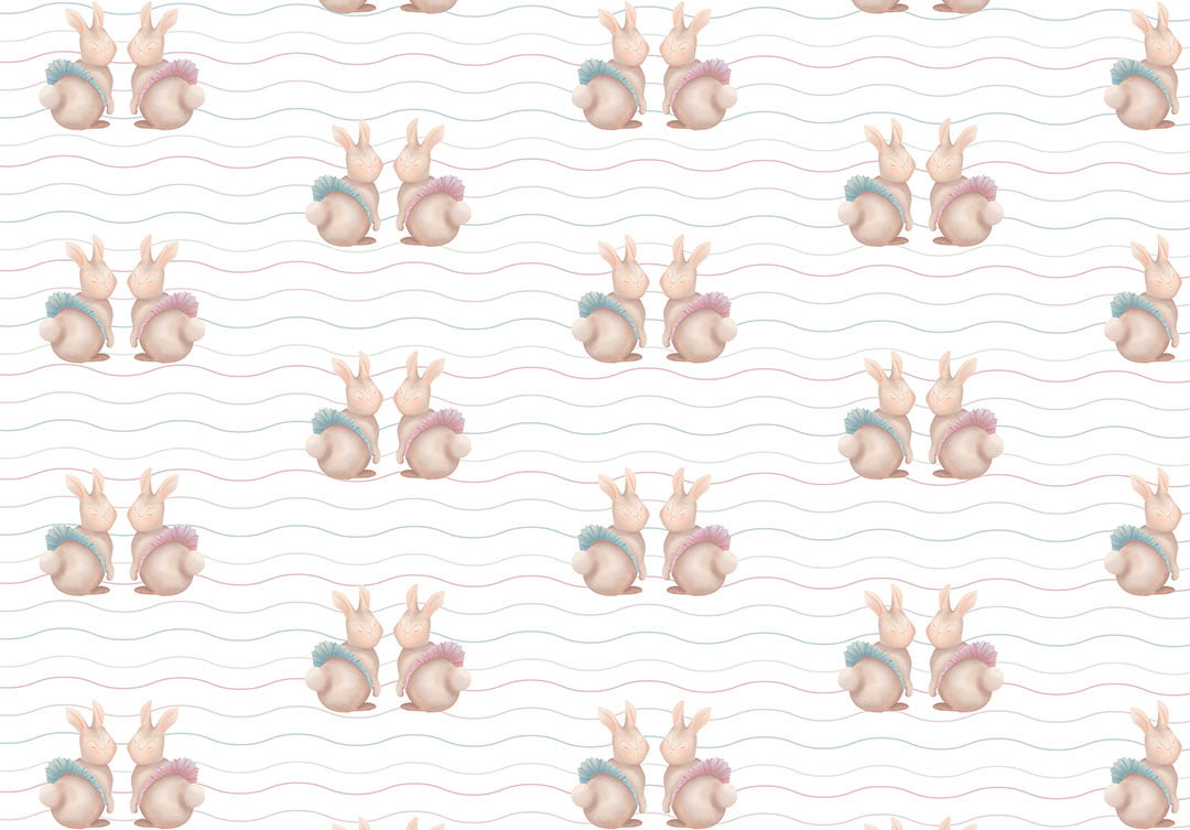 Rabbits in tutus with lines patterned wallpaper