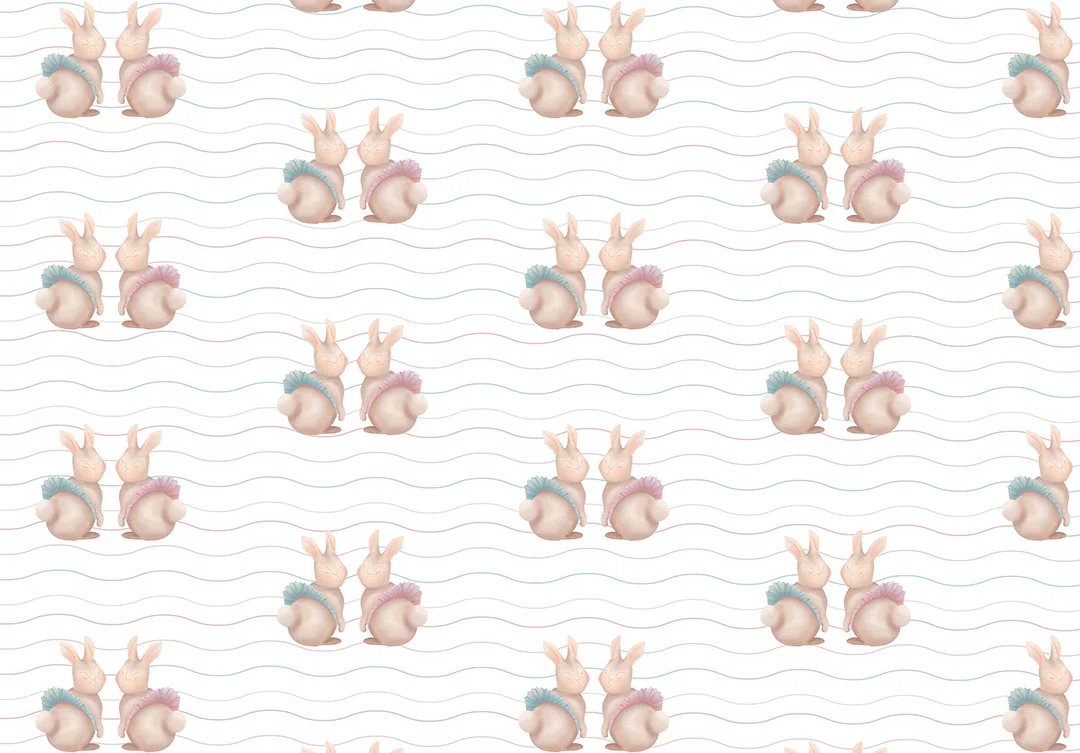 Rabbits in tutus with lines patterned wallpaper