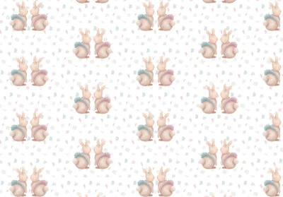 Rabbits in tutus with tiles patterned wallpaper
