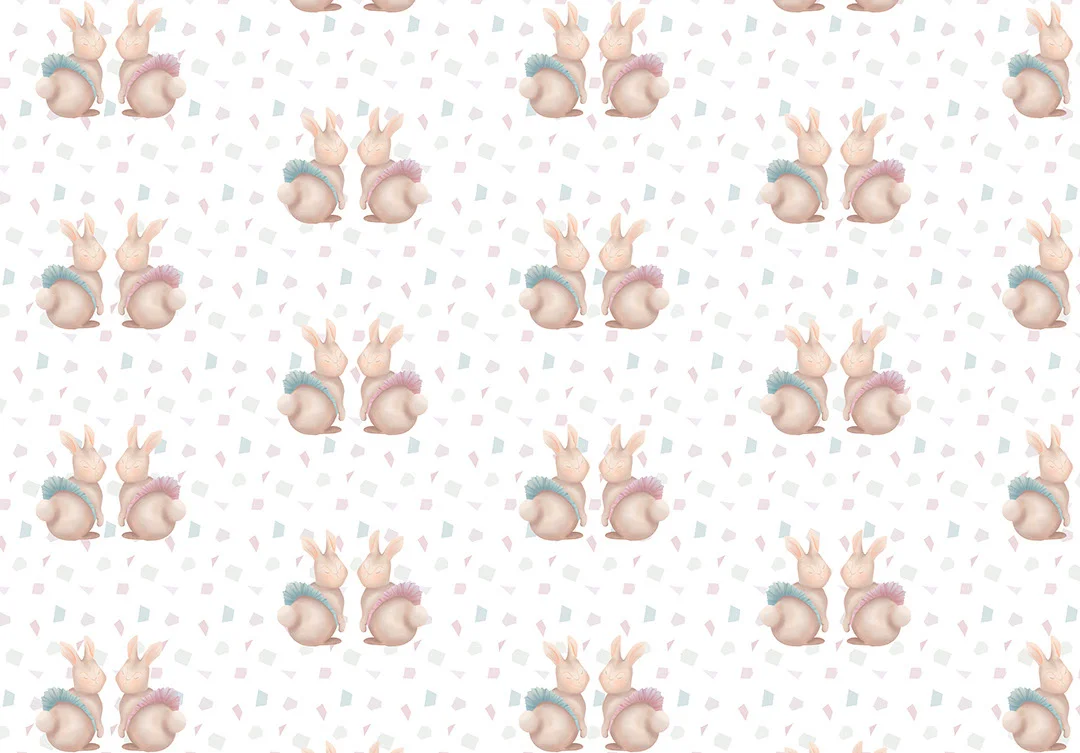 Rabbits in tutus with tiles patterned wallpaper