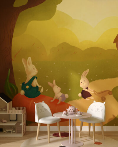 Family of rabbits near a fairy house wall mural for a children's room