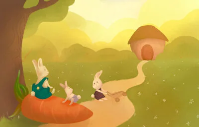 Kids wall mural with family of rabbits near a fairy house