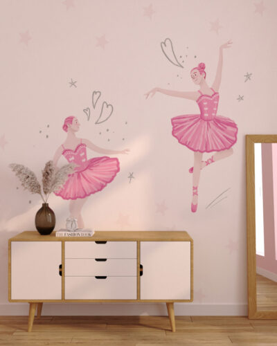 Dance of two ballerinas in pink wall mural for a children's room