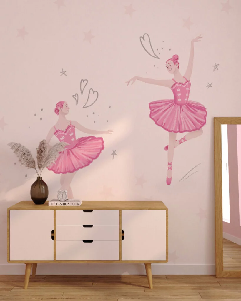 Wall Mural Pirouette for a children's room - kith2kin.com Dance of two ballerinas in pink wall mural for a children's room