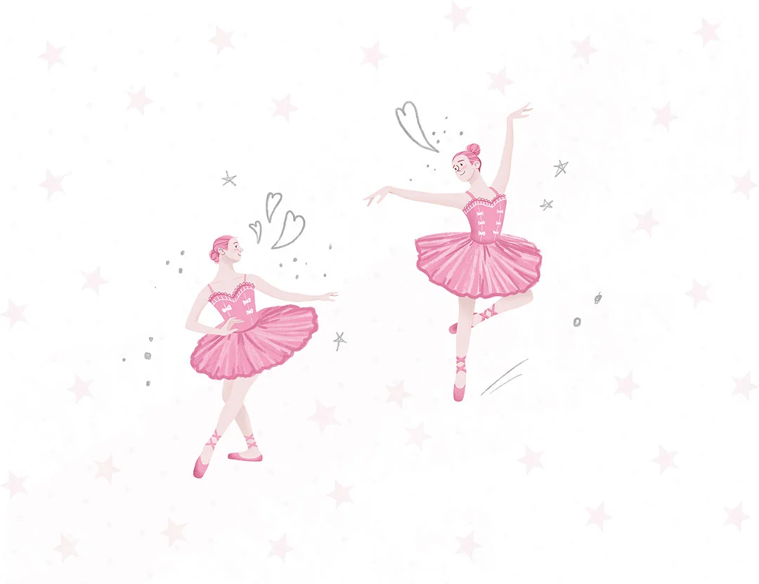 Dance of two ballerinas in pink with stars kids wall mural