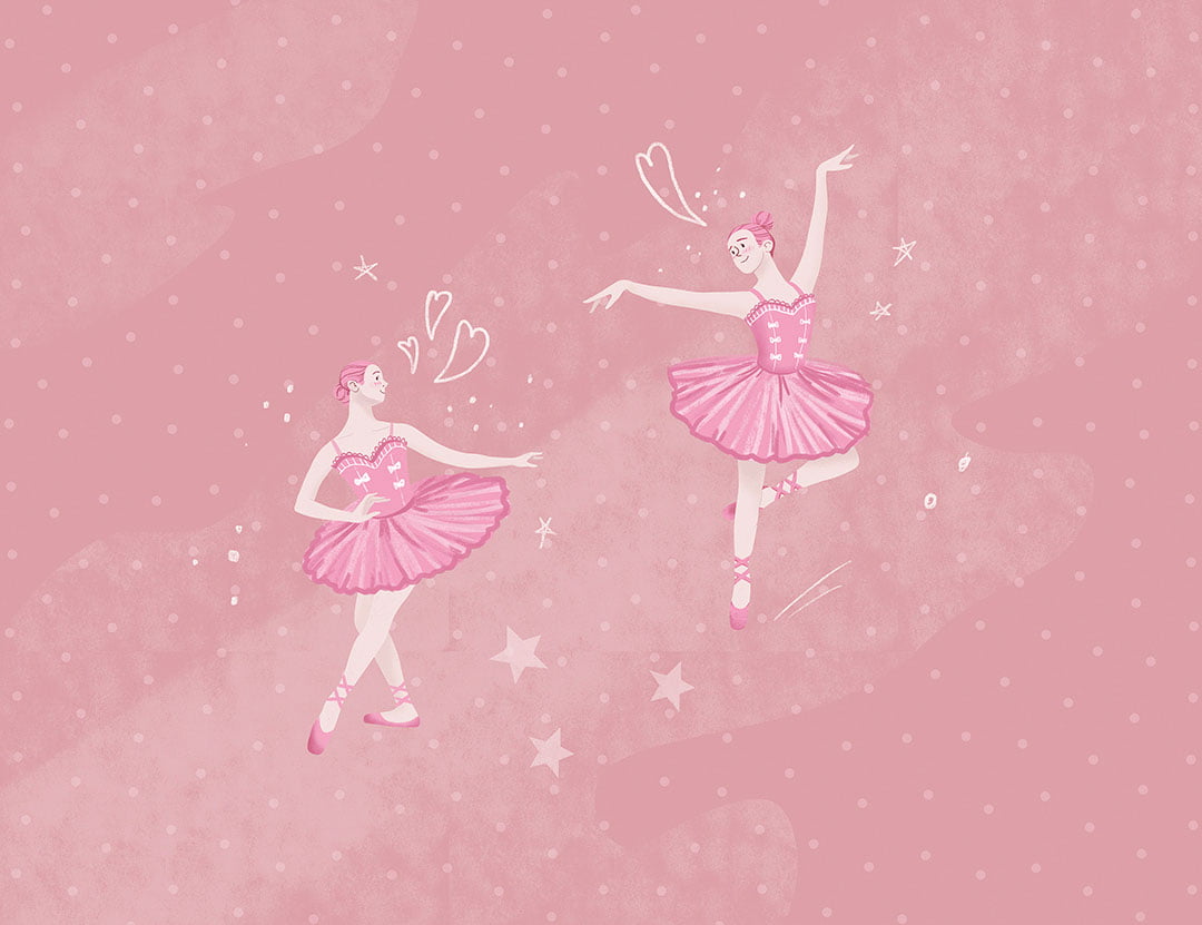 Dance of two ballerinas on the pink background kids wall mural