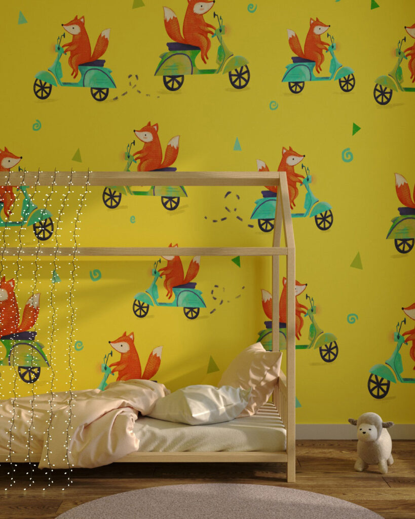 Funny foxes on scooters patterned wallpaper for a children's room