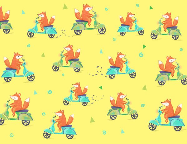 Funny foxes on scooters on the yellow background patterned kids wallpaper