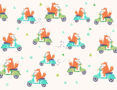 Funny foxes on scooters on the light background patterned kids wallpaper
