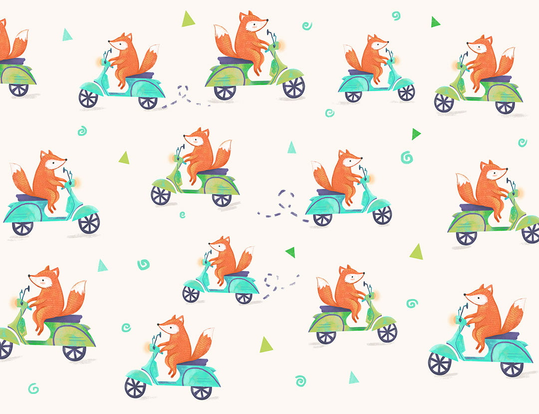 Funny foxes on scooters on the light background patterned kids wallpaper