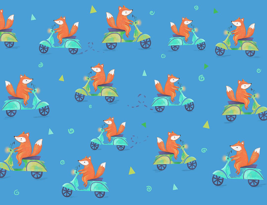 Funny foxes on scooters on the blue background patterned kids wallpaper