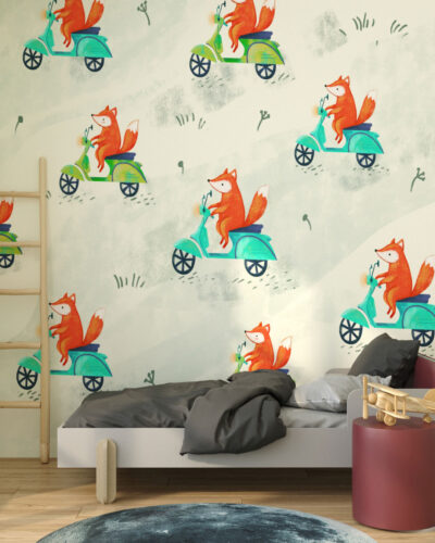 Funny foxes on scooters patterned wallpaper for a children's room