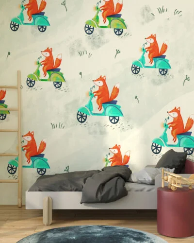 Patterned wallpaper for a children's room with foxes on scooters