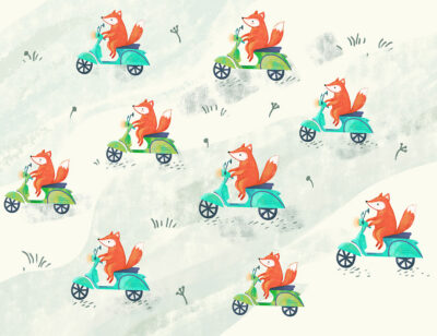 Funny foxes on scooters patterned wallpaper