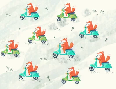 Funny foxes on scooters patterned kids wallpaper