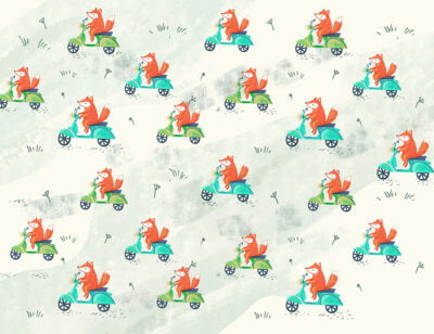 Little foxes on scooters patterned kids wallpaper