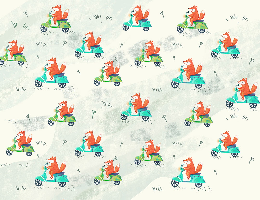 Little foxes on scooters patterned kids wallpaper
