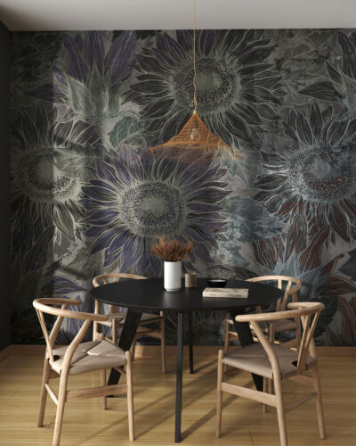 Dark colored sunflowers wall mural for the kitchen