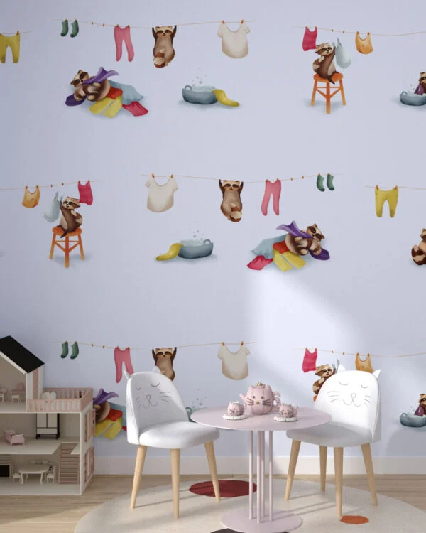 Cute raccoons rinse their laundry patterned wallpaper for a children's room