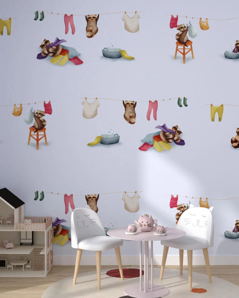 Wall Mural Raccoon for a children's room - kith2kin.com Cute raccoons rinse their laundry patterned wallpaper for a children's room