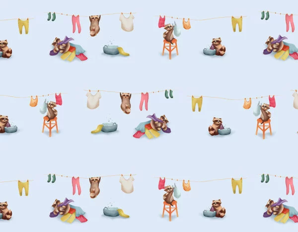 Kids wallpaper with pattern of cute raccoons rinse their laundry