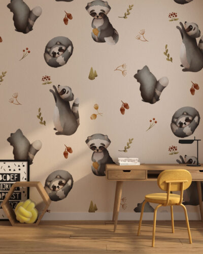 Raccoons and delicate branches patterned wallpaper for a children's room