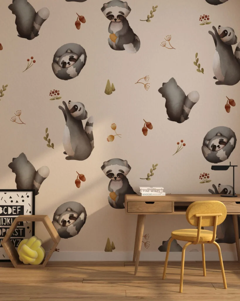 Wall Mural Harvest for a children's room - kith2kin.com Raccoons and delicate branches patterned wallpaper for a children's room