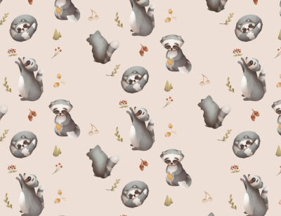Raccoons and delicate branches on a beige background patterned wallpaper