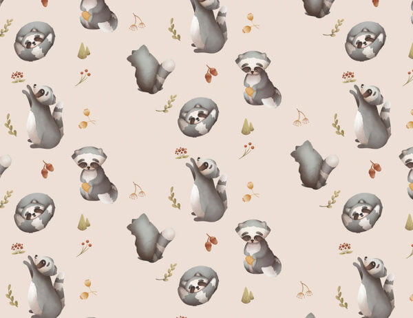 Kids wallpaper with pattern of raccoons and delicate branches on a beige background