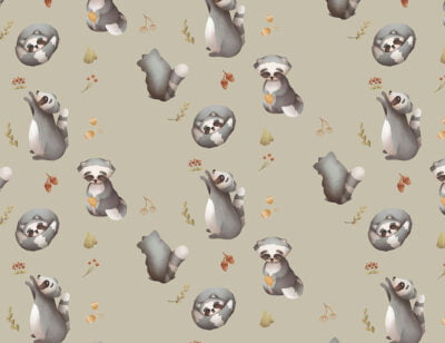 Kids wallpaper with pattern of raccoons and delicate branches on a gray background