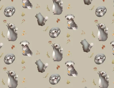Kids wallpaper with pattern of raccoons and delicate branches on a gray background