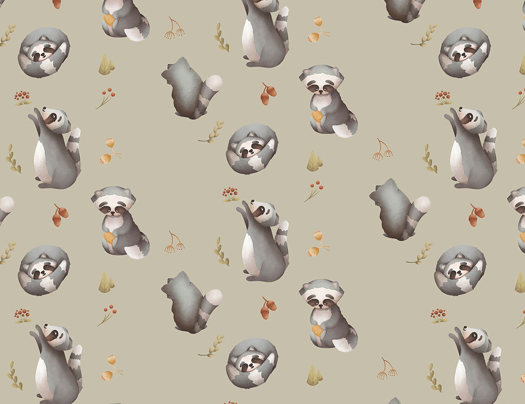 Kids wallpaper with pattern of raccoons and delicate branches on a gray background