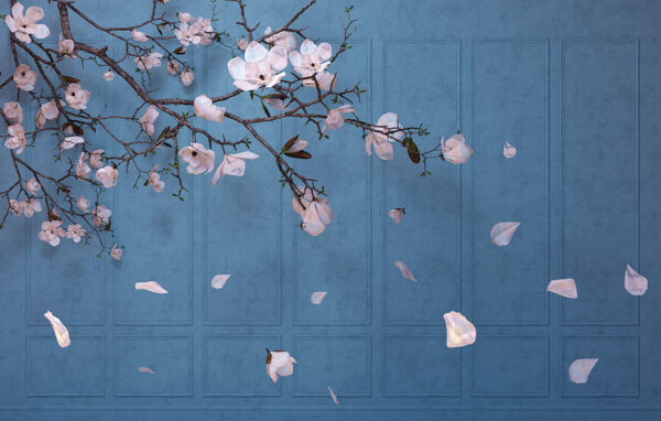 White cherry blossoms 3D wall mural on background with blue panels