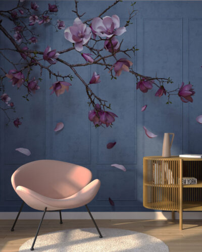 Purple cherry blossoms 3D wall mural with wall panels for the living room