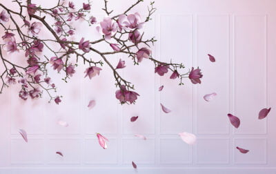 Purple cherry blossoms 3D wall mural with milk wall panels