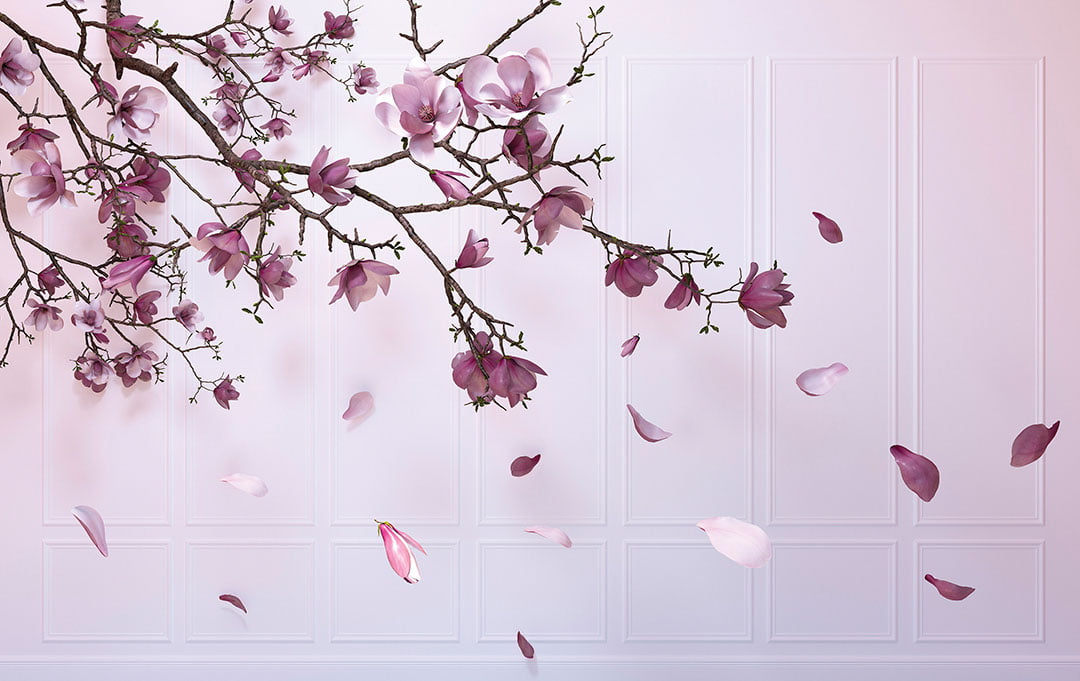 Purple cherry blossoms 3D wall mural with milk wall panels