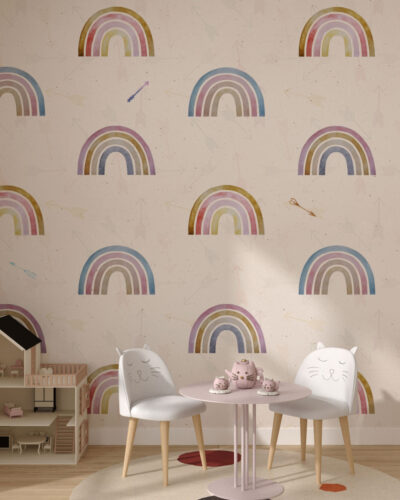 Patterned wallpaper with rainbows and arrows on a light background for a children's room
